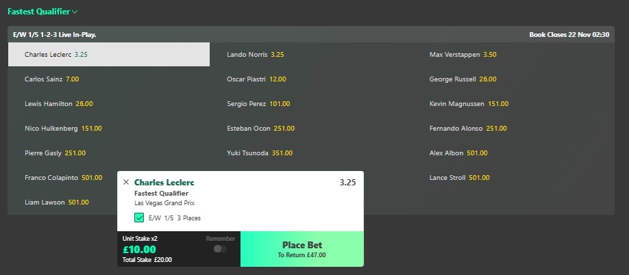 bet365 fastest qualifier betting market with charles leclerc added to betslip, a £10 stake entered and the Each way box ticked